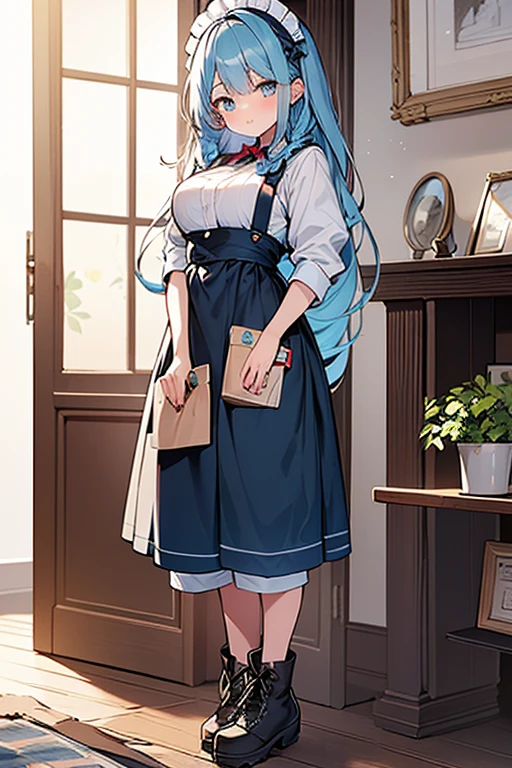 ((highest quality)), ((masterpiece)), (be familiar with), perfect face, one girl、、big breasts、small face、long hair、silky hair、foreign style braids、pastel blue hair、Full body figure、standing position、khaki、Work clothes、Jumpsuit、work apron、safety boots、background white、no background、