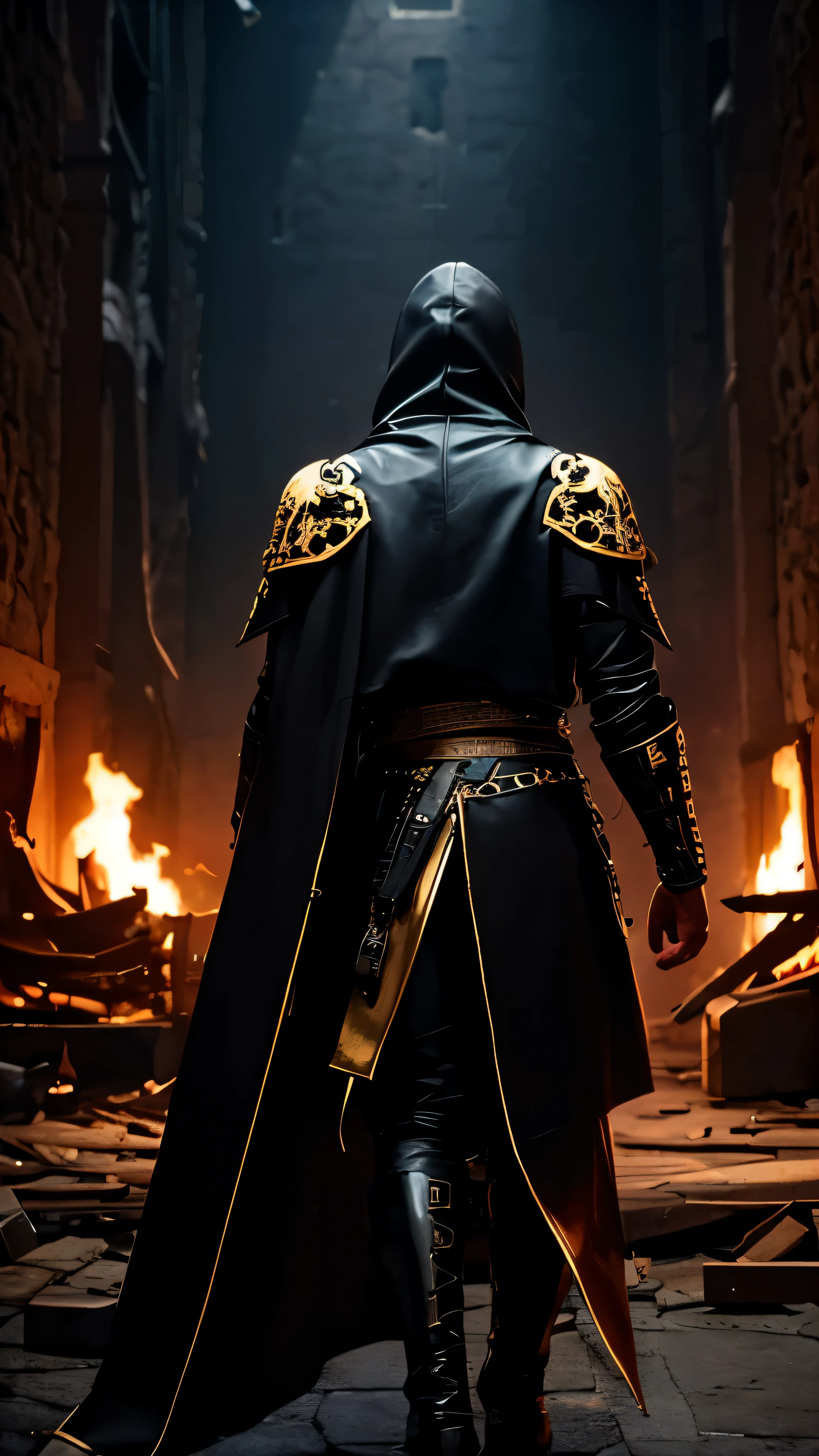 Man from back wearing black leather hood with gold details with great destruction in the background and skulls on the floor, imagem medieval dark, Terror, reino medieval