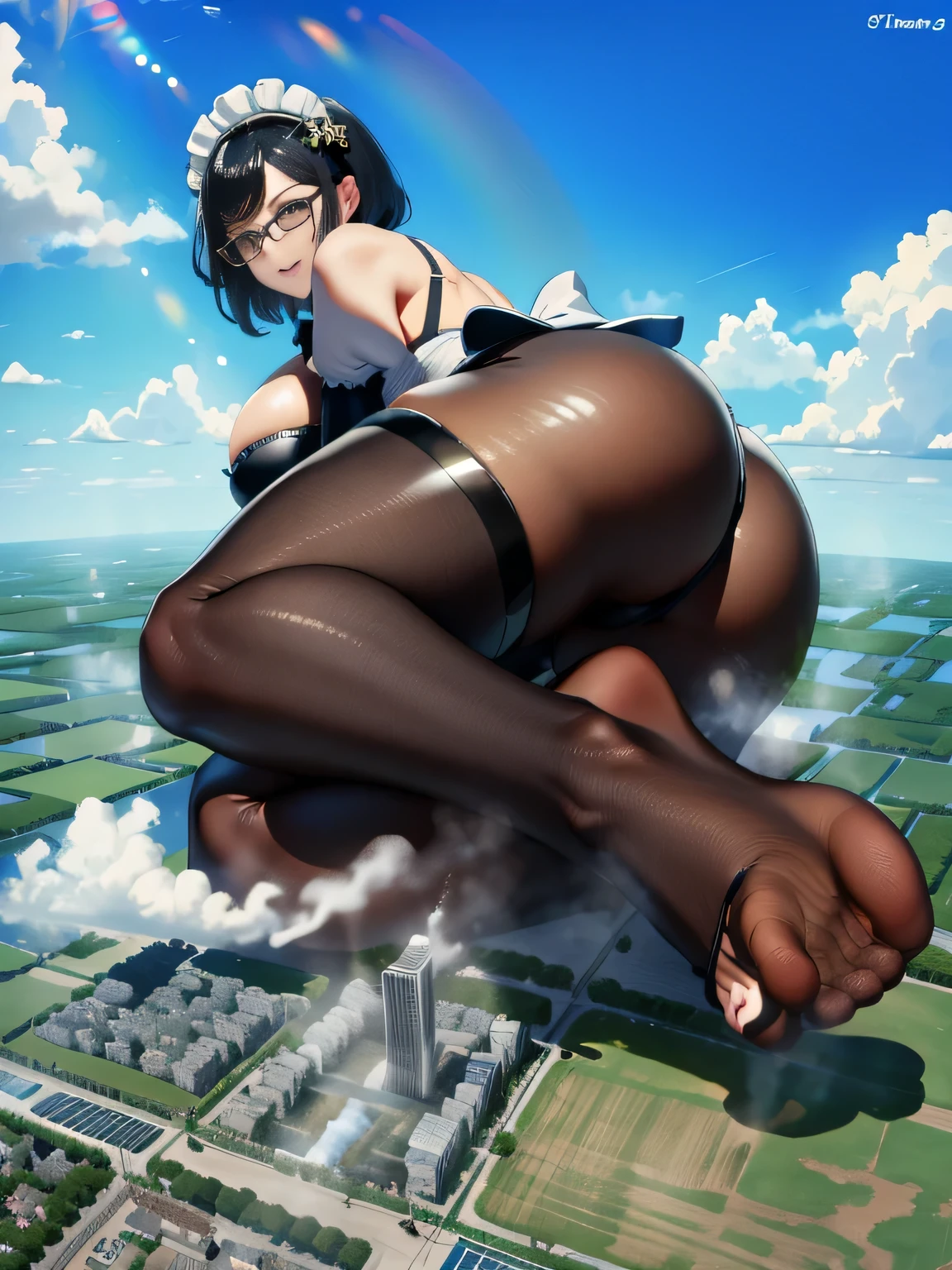 Giantの芸術, 非常に詳細なGiantショット, Giant, short hair, Two huge beautiful girls that are bigger than a skyscraper, wearing rimless glasses, big breasts, big ass, maid服, black pantyhose, pantyhose barefoot, Steam comes out from the soles of the feet, very small metropolis, miniature metropolis, crush the big city, full body description, ＧＴＳ, ギガGiant, stomping city, crash city, small town, micro city, High resolution, highest quality, masterpiece, maid, 