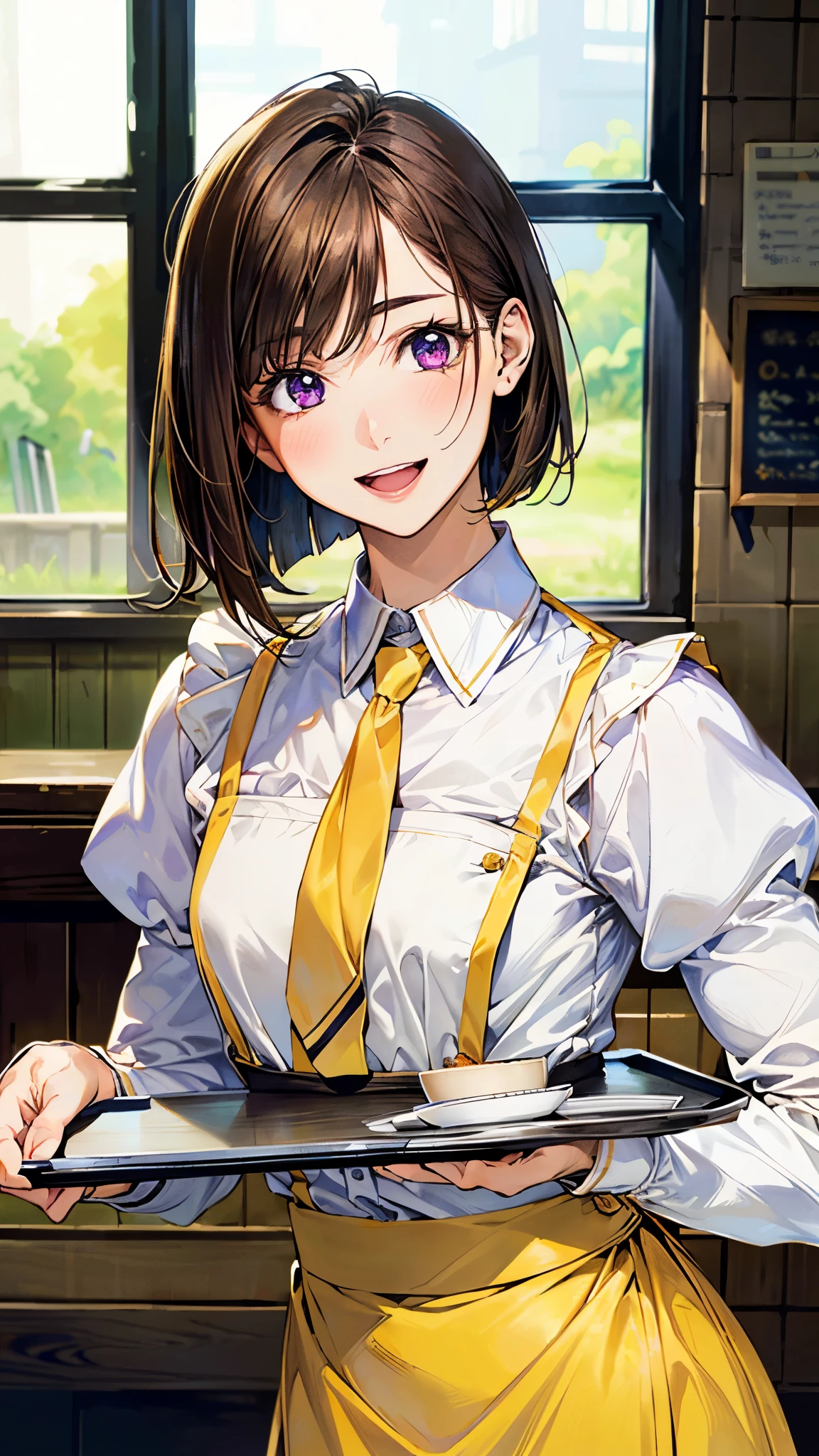 (masterpiece:1.2, top-quality), (realistic, photorealistic:1.4), beautiful illustration, (natural side lighting, movie lighting), ,
looking at viewer, (face focus, upper body), 1 girl, high school girl, japanese, perfect face, perfect anatomy, cute and symmetrical face, small face, round face, shiny skin,
(short hair:1.6, bob cut:1.5, brown hair, view diagonally from the right), asymmetrical bangs, purple eyes, long eye lasher, (middle breasts), slender,
beautiful hair, beautiful face, beautiful detailed eyes, beautiful clavicle, beautiful body, beautiful chest, beautiful thigh, beautiful legs, beautiful fingers,
((symmetrical clothing, (waitress uniform:1.2), yellow uniform, yellow sleeves, yellow skirt, orange necktie, white apron)),
(beautiful scenery), depth of field, morning, (fast food shops), ((wave your right hand)), ((holding the tray in your left hand)), girl posing in front of window, (happy smile, open mouth),