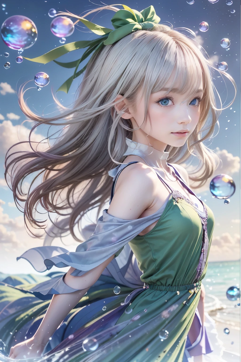 1.5),(1 girl),(dynamic pose),(multicoloredhead+silver hair:1.3+redhead:1.2+purple hair+yellow hair:1.3+green hair:1.3),(blue eyes),(neck ribbon),(floating),(cloud),(Too many droplets of water),(twilight),(watercolor),(wide shot)