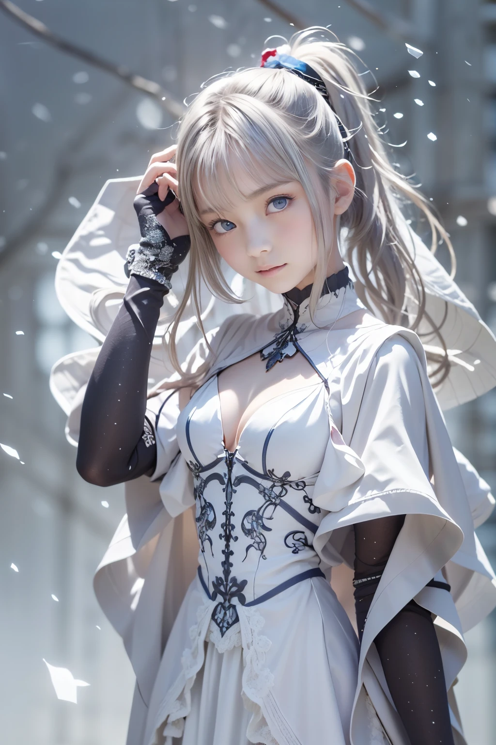 masterpiece, (highest quality: 1.2), (super fine: 1.2), figure, (very delicate and beautiful: 1.2), film angle, floating, (beautiful detail eyes: 1.1), (detail light: 1.1), film light, delicate sky, woman, gray hair, blue eyes, (high ponytail: 1.1), cloak, shining eyeoon: 1.2), (moonlight: 1.1), starry sky, (particles of light: 1.1), fog , snow painting, sketch, bloom