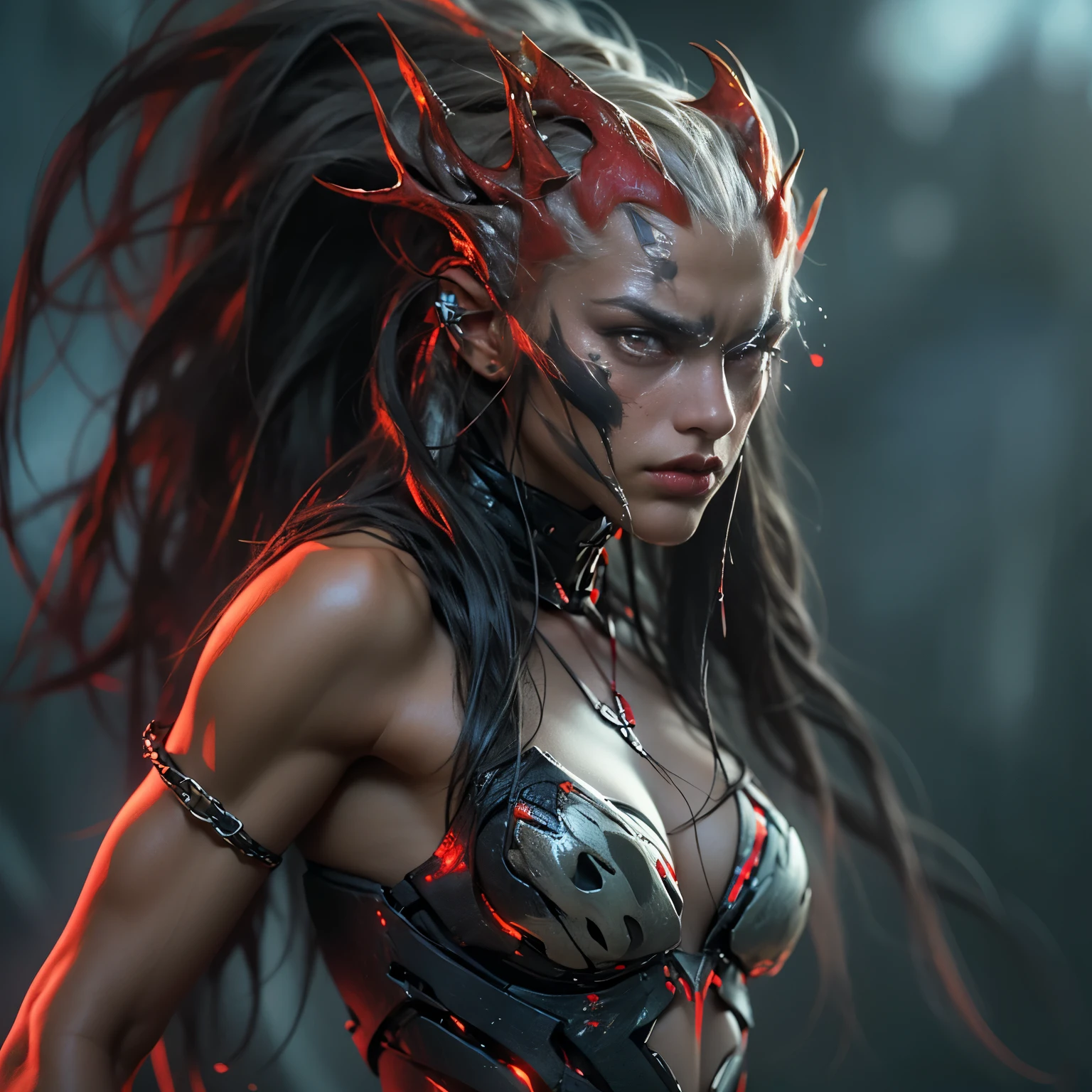 1 female alien, The predator, (extremely beautiful:1.2), (intense gaze:1.4), (predator:1.1), long dark claws, (NSFW:1), nipples, thick eyebrows, (She has shining ruby red eyes:1.2), the most beautiful face in the universe, sky blue hair, symmetrical beautiful eyes, hyper detailed eyes,

A woman predator with an extremely beautiful face, her intense gaze fixed on her prey, a primal force that could not be denied.

(beautiful lean body:1.5), (muscular build:1.2), (prowling:1.3), (sleek movements:1.4)

Her beautiful body, muscular and toned, moved with sleek grace as she prowled, ready to strike at a moment's notice. The predator within her was always on,                                                                          
                                                                                                                                                               
 cinematic drawing of characters, ultra high quality model, cinematic quality, detail up, (Intricate details:1.2), High resolution, High Definition, drawing faithfully, Official art, Unity 8K wall , 8K Portrait, Best Quality, Very High resolution, ultra detailed artistic photography,