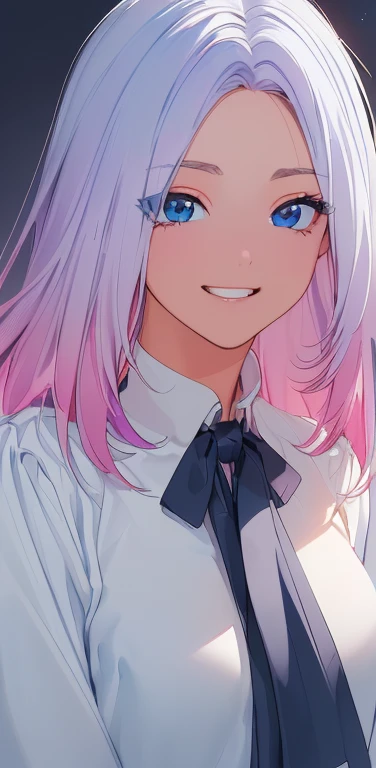 (8K、highest quality、masterpiece:1.2)、Super detailed、super resolution、Realistic、1girl、(two-color hair, white:1.5)、blue eyes、(eye focus:1.3,face focus:1.3,upper body:1.5),(gradient hair:1.5),(blouse:1.3)、(grin:1.3),cute face,small breasts,portrait,