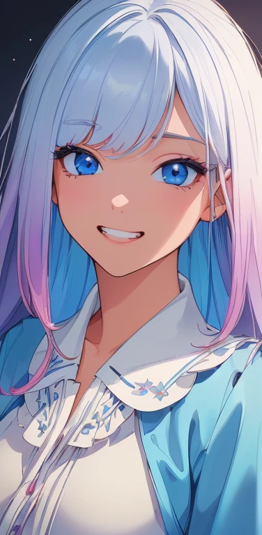(8K、highest quality、masterpiece:1.2)、Super detailed、super resolution、Realistic、1girl、(two-color hair, white:1.5)、blue eyes、(eye focus:1.3,face focus:1.3,upper body:1.5),(gradient hair:1.5),(blouse:1.3)、(grin:1.3),cute face,small breasts,portrait,
