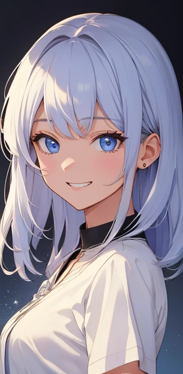 (8K、highest quality、masterpiece:1.2)、Super detailed、super resolution、Realistic、1girl、(two-color hair, white:1.5)、blue eyes、(eye focus:1.3,face focus:1.3,upper body:1.5),(gradient hair:1.5),(blouse:1.3)、(grin:1.3),cute face,small breasts,portrait,
