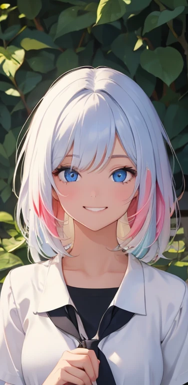 (8K、highest quality、masterpiece:1.2)、Super detailed、super resolution、Realistic、1girl、(two-color hair, white:1.5)、blue eyes、(eye focus:1.3,face focus:1.3,upper body:1.5),(gradient hair:1.5),(blouse:1.3)、(grin:1.3),cute face,small breasts,portrait,
