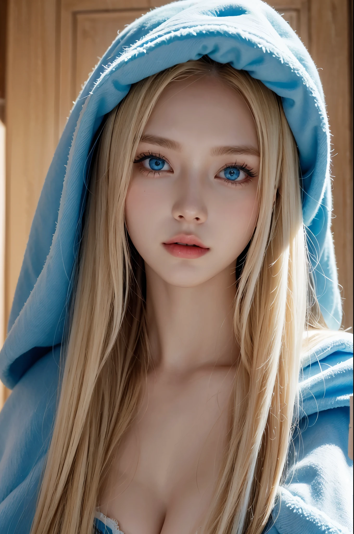 Charming Russian model Nata Lee, a close-up of a woman with a red blanket on her head, light blonde hair blue eyes, a beautiful blonde girl, dressed in a red cloak, light blonde hair, and blue eyes, light blond hair blue eyes, anna nikonova aka new milky, long light blonde hair and blue eyes, with vivid blue eyes, blue eyes and light blond hair, very beautiful woman, with blue eyes, masterpiece, 8k, cleavage, big, bust detail, hair detail, eye detail.