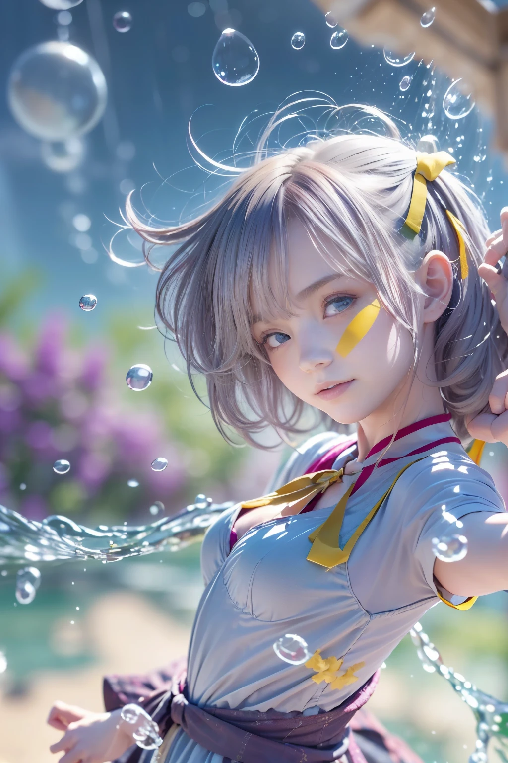 1.5),(1 girl),(dynamic pose),(multicoloredhead+silver hair:1.3+redhead:1.2+purple hair+yellow hair:1.3+green hair:1.3),(blue eyes),(neck ribbon),(floating),(cloud),(Too many droplets of water),(twilight),(watercolor),(wide shot)