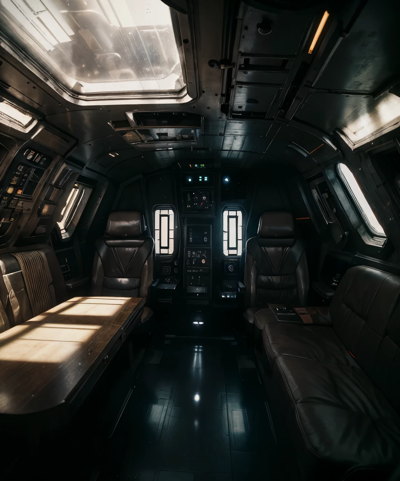 Best Quality, Masterpiece, Ultra High Resolution, (Realistic: 1.4), 4K, 8k, ultra realism, interior design, interior of millennium falcon, space ship, Star Wars, gritty, unclean, retro, 1970s, space, interior, bright lighting, cockpit, windows, space, bright, light rays, docked, space port