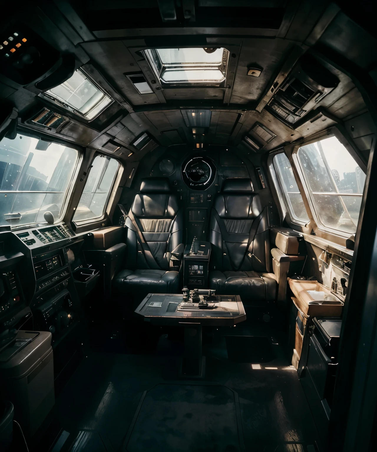 Best Quality, Masterpiece, Ultra High Resolution, (Realistic: 1.4), 4K, 8k, ultra realism, interior design, interior of millennium falcon, space ship, Star Wars, gritty, unclean, retro, 1970s, space, interior, bright lighting, cockpit, windows, space, bright, light rays, docked, space port