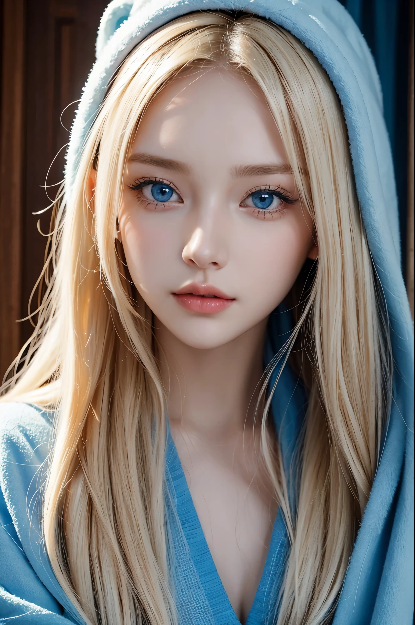 Charming Russian model Nata Lee, a close up of a woman with a blue blanket on her head, light blonde hair blue eyes, beautiful blonde girl, dressed in a blue cloak, light blonde hair and blue eyes, light blond hair blue eyes, anna nikonova aka newmilky, long light blonde hair and blue eyes, with vivid blue eyes, blue eyes and light blond hair, very beautiful woman, with blue eyes, masterpiece, 8k, cleavage, big , bust detail, hair detail, eye detail.