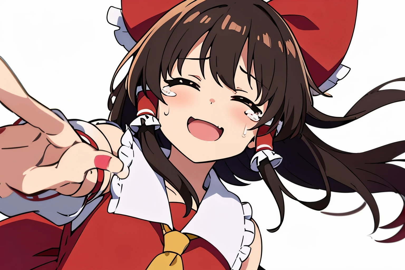 Reimu Hakurei、smile、one girl、solo、Are crying、move、Close ~ eyes、pure white background