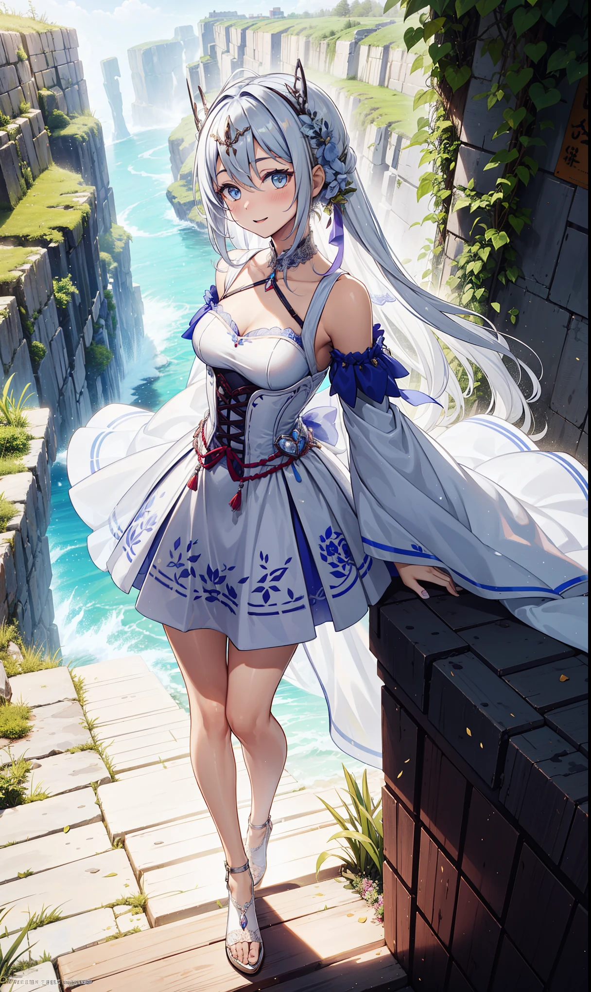 top quality,highest resolution,20 year old woman,charm,Mature,having fun,in love,great canyon,light white wedding dress,Lilac cloth,see through transparent clothes,exquisite clothing,A small amount of lace,the only person,Blonde,light blue eyes,night,Banquet hall