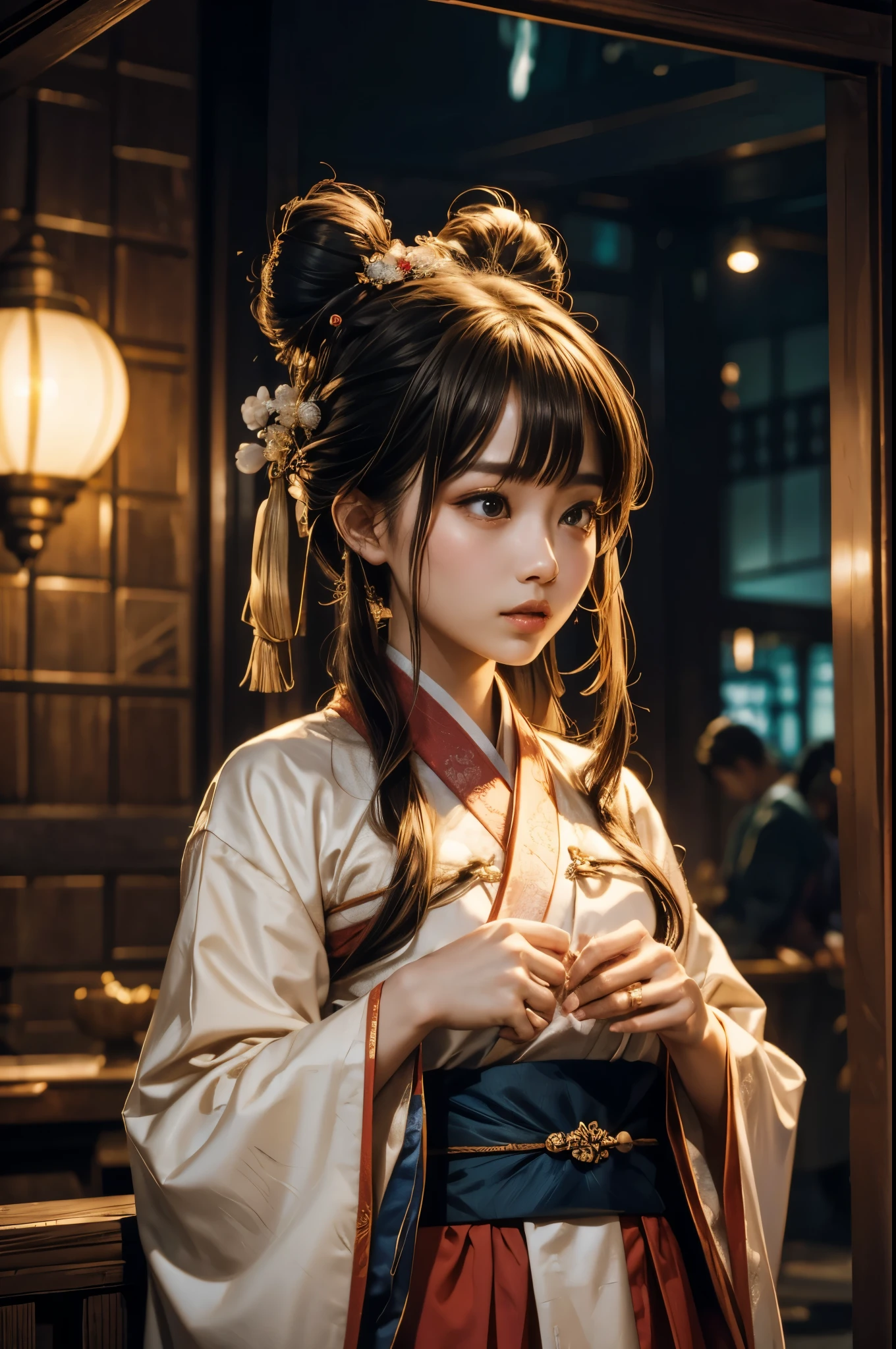 Double Ring Spirit Bun,Hanfu,Eyes are focused