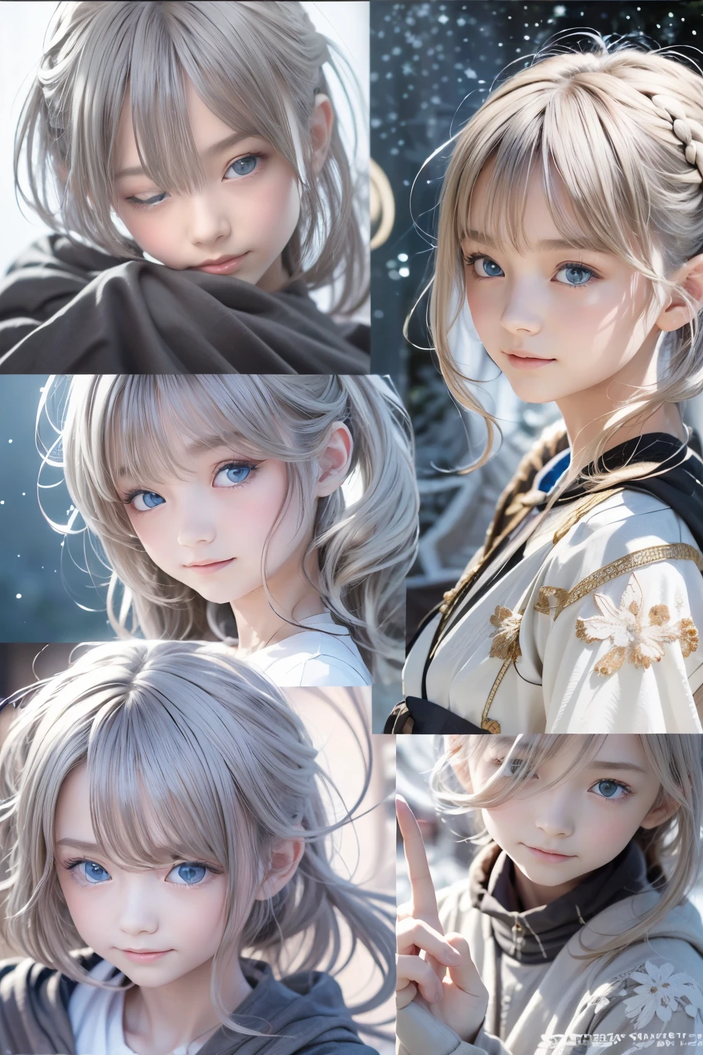 masterpiece, (highest quality: 1.2), (super fine: 1.2), figure, (very delicate and beautiful: 1.2), film angle, floating, (beautiful detail eyes: 1.1), (detail light: 1.1), film light, delicate sky, woman, gray hair, blue eyes, (high ponytail: 1.1), cloak, shining eyeoon: 1.2), (moonlight: 1.1), starry sky, (particles of light: 1.1), fog , snow painting, sketch, bloom