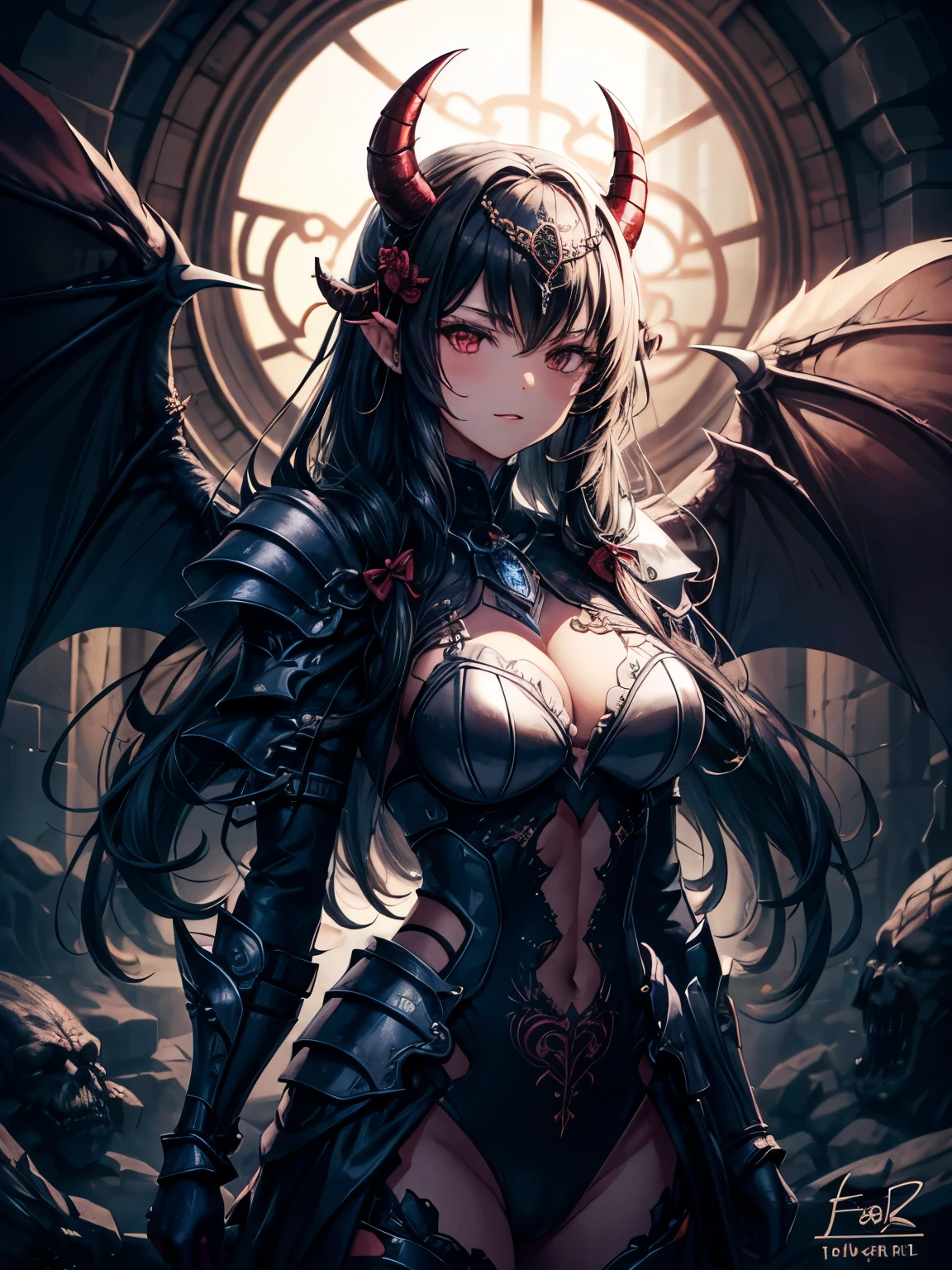 a medal-adorned demon general, Acrylic painting, Detailed brushwork, feuerroter Hintergrund, intensiver Fokus, Hoher Kontrast, dramatische Beleuchtung, bedrohlicher Ausdruck, sharp facial features, Devilish horns, intricate armor, wogender Umhang, Dark atmosphere, surreal aesthetics