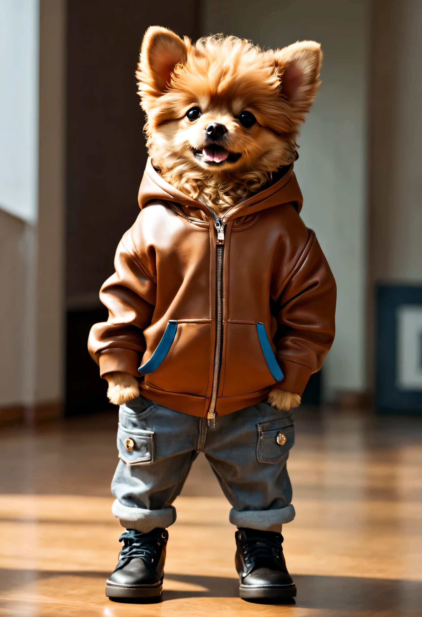 The theme is dogs，穿着Hoodies，小狗用standing on hind legs，puppy wearing leather shoes，前爪像人一样插在Hoodies兜里，stand like a human，front leg pockets，standing on hind legs，masterpiece, best quality, Teddy dog, smiling, (crop top), curls, Hoodies, hands in pockets,Puppy anthropomorphic standing，hands in pockets，Stand backwards， funny photo, masterpiece, best quality, 8k, high quality, lifelike, realism, art photography, Nikon D850, 16k, sharp focus, masterpiece, thrilling, atmospheric perspective, diffusion, pore correlation, SLR camera, 80mm Sigma f2, Depth of site, Intricate natural lighting，