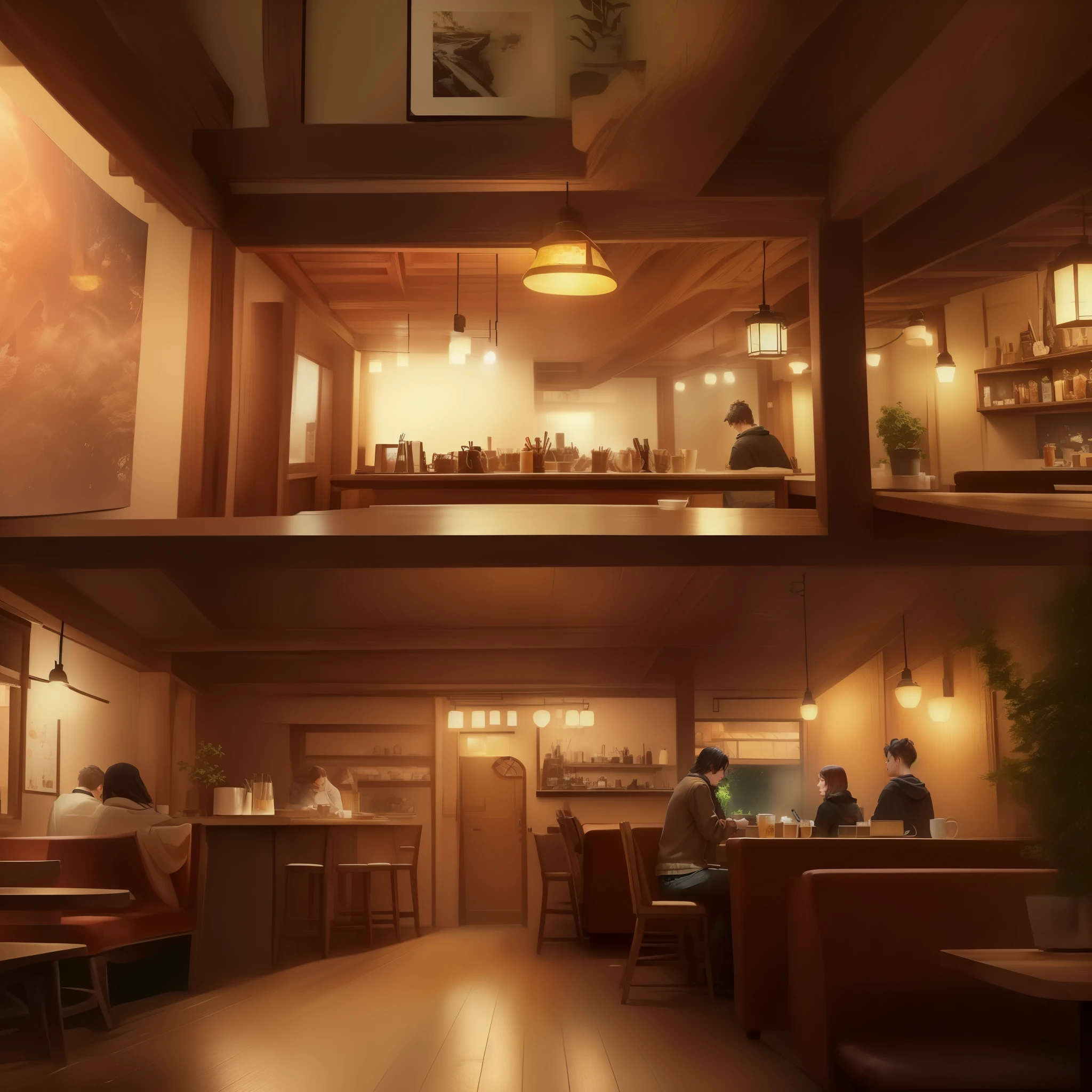 There is a living room with sofa and table., cozy cafe background, A dimly lit cozy pub, A dimly lit cozy pub, atmospheric rendering, pleasant cozy atmosphere, cozy atmosphere, Multidimensional cozy izakaya, Cozy and peaceful atmosphere, Detailed cinematic rendering, Wet day. Game Rendering, coffee shop, cafe interior, octane rendering