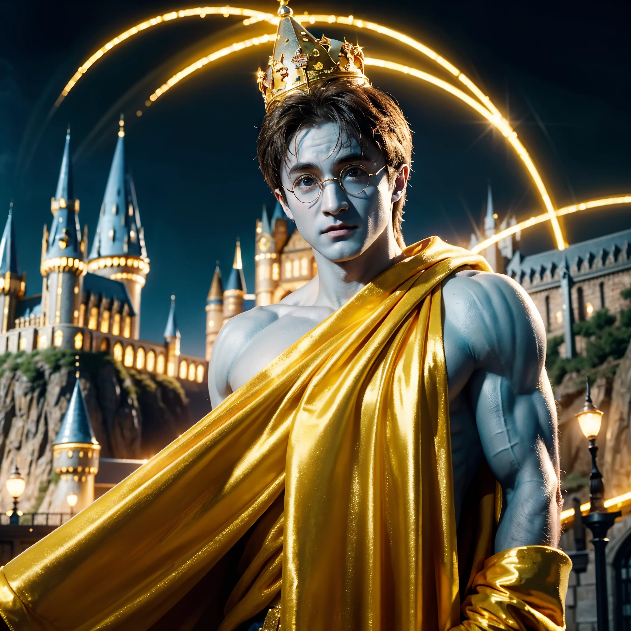 blue skin Harry Potter, muscular body, bare upper body, golden ornaments, flashy costume, Hogwarts in the background, golden king, golden emperor Harry Potter, painted in the center, crowd in the background, golden effect, golden magic, high quality,Harry Potter with golden skin, muscular body, bare upper bodyHarry Potter with golden skin, nothing on, naked, nothing on upper body, golden ornaments, flashy costume, Hogwarts in background, golden king, golden emperor Harry Potter, painted in the center, crowd in background, golden effect, golden magic, high quality, high definition、Harry Potter, the king who unifies the universe, robot in the background,