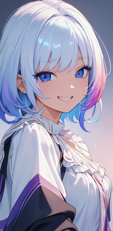 (8K、highest quality、masterpiece:1.2)、Super detailed、super resolution、Realistic、1girl、(two-color hair, white:1.5)、blue eyes、(eye focus:1.3,face focus:1.3,upper body:1.5),(gradient hair:1.5),(blouse:1.3)、(grin:1.3),cute face,small breasts,portrait,
