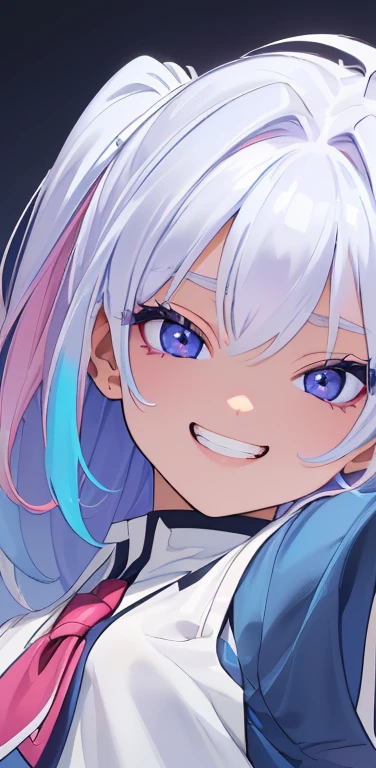 (8K、highest quality、masterpiece:1.2)、Super detailed、super resolution、Realistic、1girl、(two-color hair, white:1.5)、blue eyes、(eye focus:1.3,face focus:1.3,upper body:1.5),(gradient hair:1.5),(blouse:1.3)、(grin:1.3),cute face,small breasts,portrait,school girl,