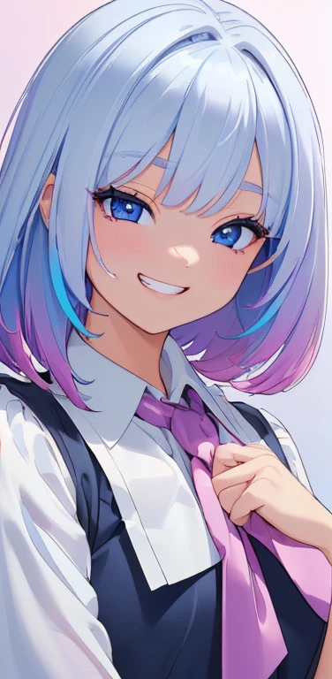 (8K、highest quality、masterpiece:1.2)、Super detailed、super resolution、Realistic、1girl、(two-color hair, white:1.5)、blue eyes、(eye focus:1.3,face focus:1.3,upper body:1.5),(gradient hair:1.5),(blouse:1.3)、(grin:1.3),cute face,small breasts,portrait,school girl,