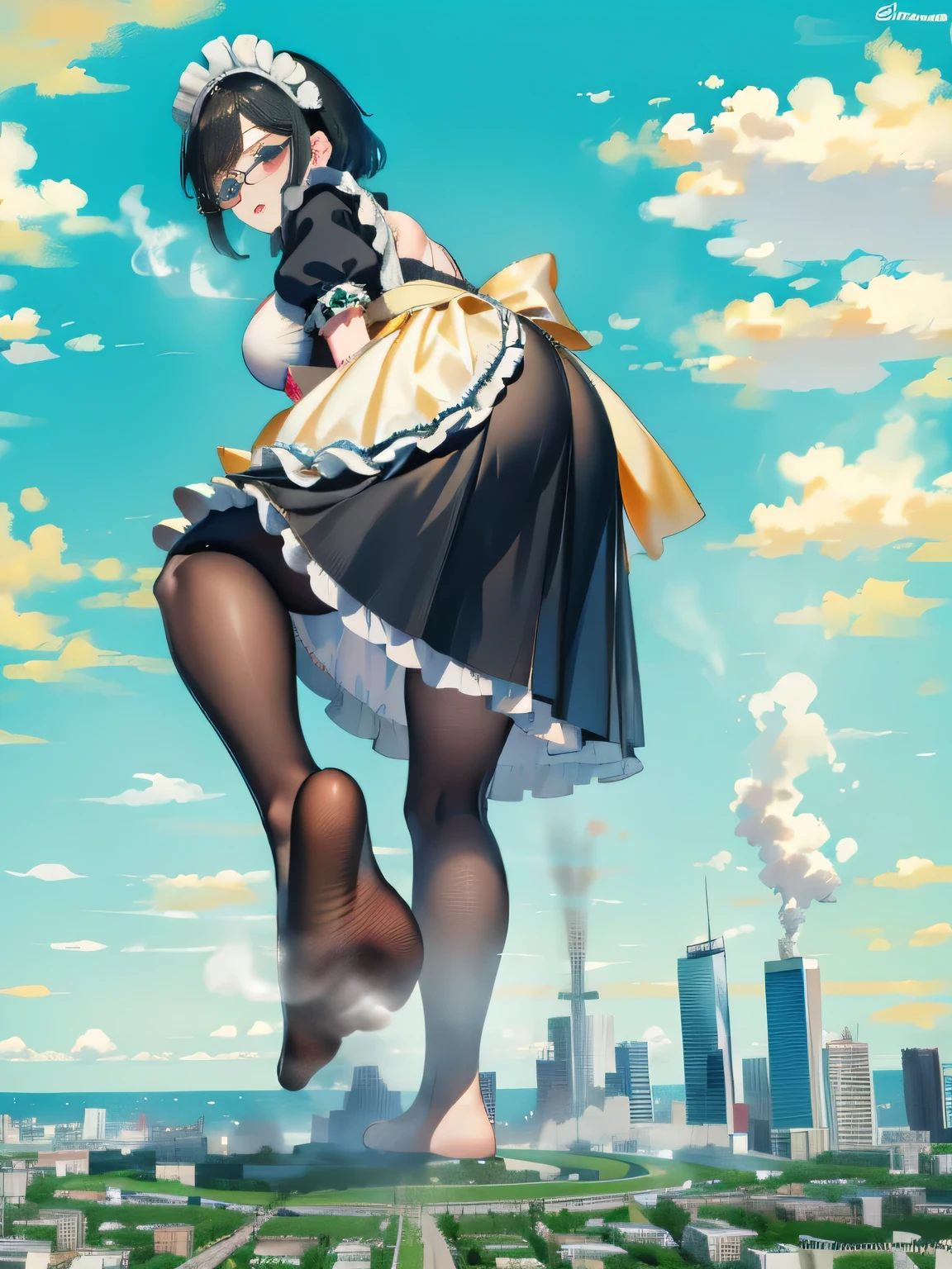 Giantの芸術, 非常に詳細なGiantショット, Giant, short hair, Two huge beautiful girls that are bigger than a skyscraper, wearing rimless glasses, big breasts, big ass, maid服, black pantyhose, pantyhose barefoot, Steam comes out from the soles of the feet, very small metropolis, miniature metropolis, crush the big city, full body description, ＧＴＳ, ギガGiant, stomping city, crash city, small town, micro city, High resolution, highest quality, masterpiece, maid, 