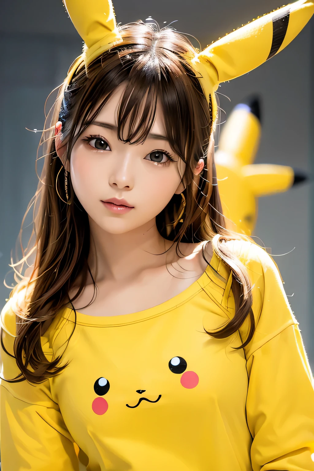 (8k, masterpiece, highest quality),girl１name、Pikachu、yellow clothes、Simple yellow background、head shot