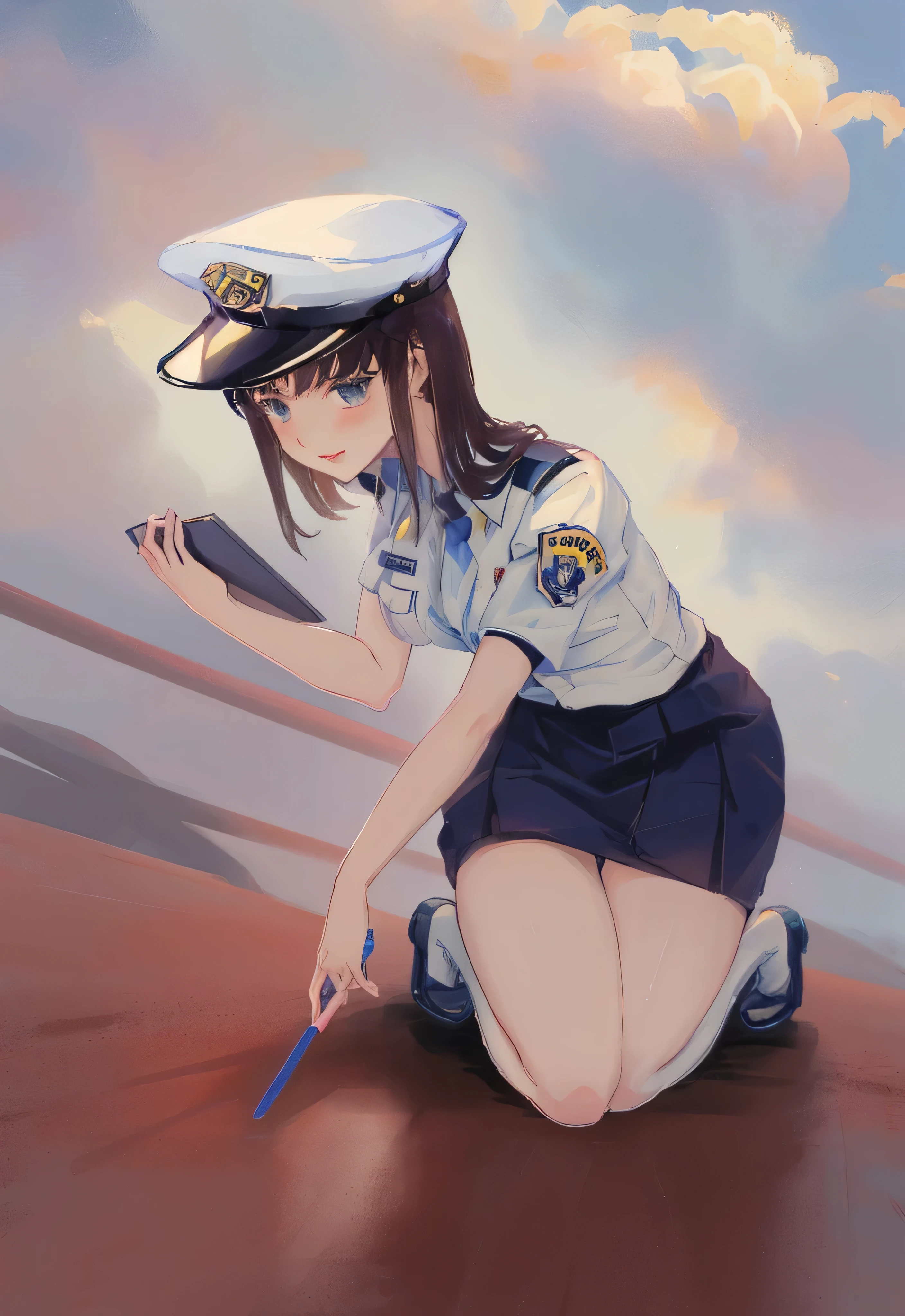 Anime girl in uniform kneeling on the road holding chalk and pad, Misato Katsuragi, yayoi kasuma, marin kitagawa fanart, board member, Makoto Shinka, police board member, police, Hinata Hyuga, makinami, iwakura lain, Yayoi Kaoru wife&#39;Tips, no background