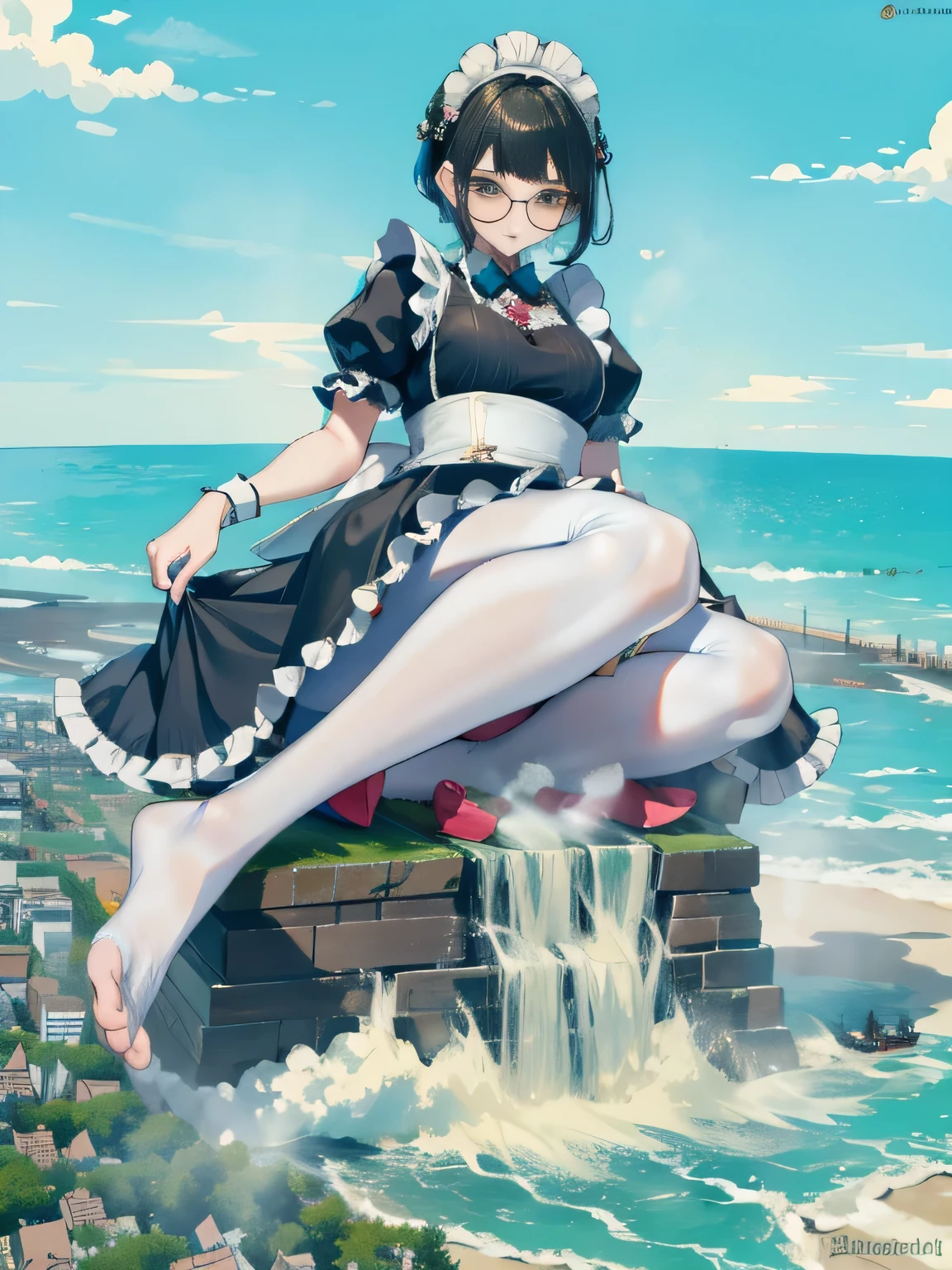Giantの芸術, 非常に詳細なGiantショット, Giant, short hair, Two huge beautiful girls that are bigger than a skyscraper, wearing rimless glasses, big breasts, big ass, maid服, black pantyhose, pantyhose barefoot, Steam comes out from the soles of the feet, very small metropolis, miniature metropolis, crush the big city, full body description, ＧＴＳ, ギガGiant, stomping city, crash city, small town, micro city, High resolution, highest quality, masterpiece, maid, 