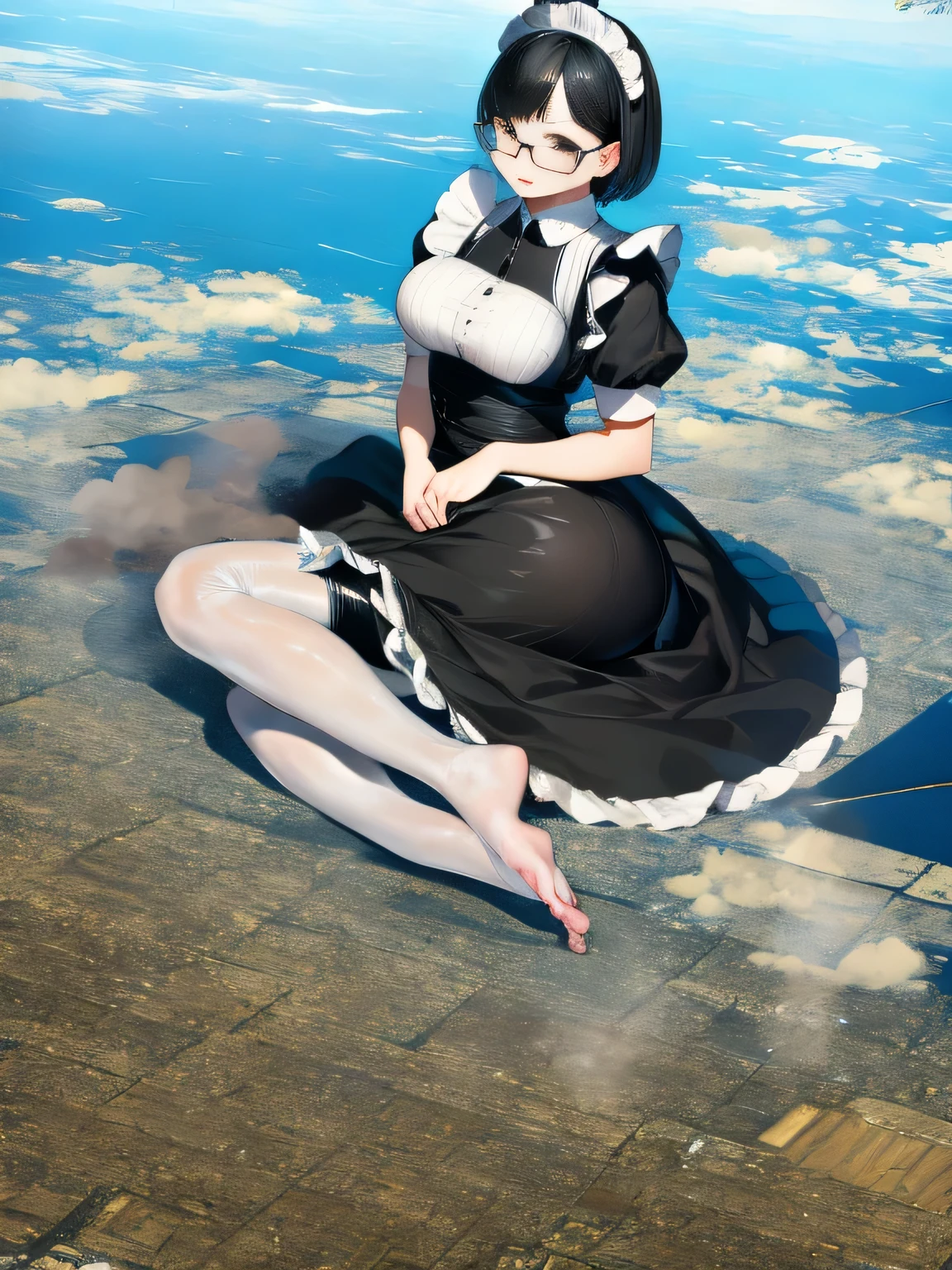 Giantの芸術, 非常に詳細なGiantショット, Giant, short hair, Two huge beautiful girls that are bigger than a skyscraper, wearing rimless glasses, big breasts, big ass, maid服, black pantyhose, pantyhose barefoot, Steam comes out from the soles of the feet, very small metropolis, miniature metropolis, crush the big city, full body description, ＧＴＳ, ギガGiant, stomping city, crash city, small town, micro city, High resolution, highest quality, masterpiece, maid, 