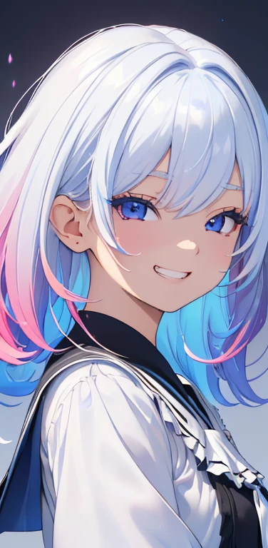 (8K、highest quality、masterpiece:1.2)、Super detailed、super resolution、Realistic、1girl、(two-color hair, white:1.5)、blue eyes、(eye focus:1.3,face focus:1.3,upper body:1.5),(gradient hair:1.5),(blouse:1.3)、(grin:1.3),cute face,small breasts,portrait,
