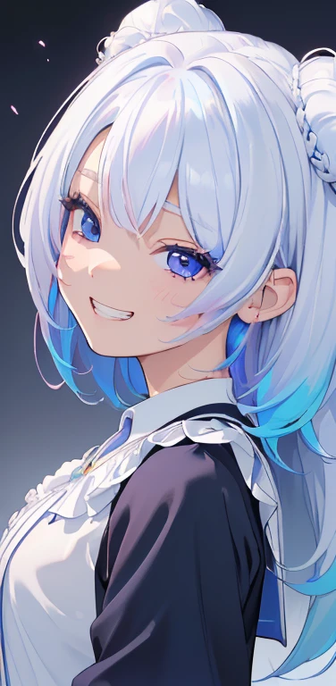 (8K、highest quality、masterpiece:1.2)、Super detailed、super resolution、Realistic、1girl、(two-color hair, white:1.5)、blue eyes、(eye focus:1.3,face focus:1.3,upper body:1.5),(gradient hair:1.5),(blouse:1.3)、(grin:1.3),cute face,small breasts,portrait,school girl,
