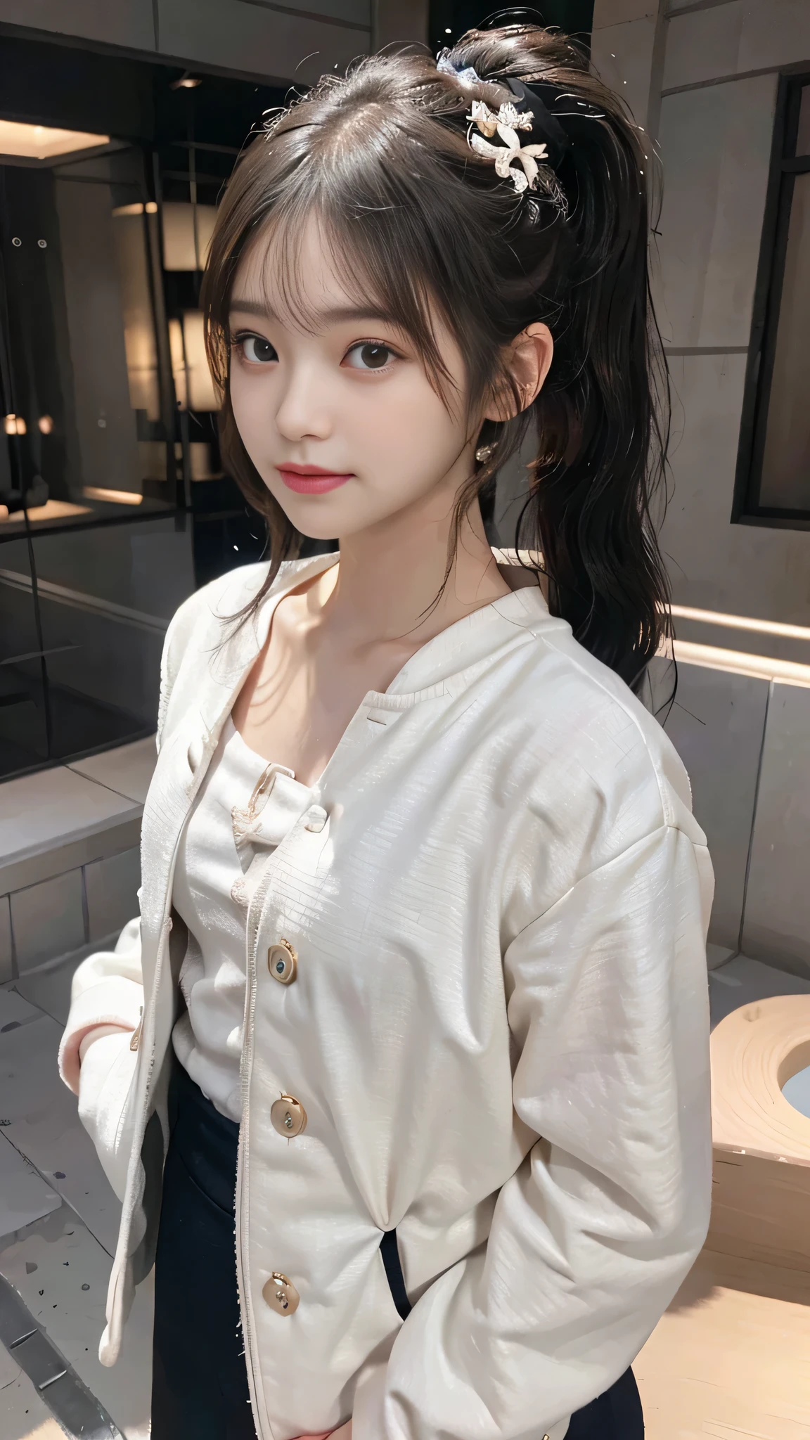One woman,fully body photo,masutepiece, The highest image quality, High quality, the background is clear，Beautiful woman, Japanese, Detailed, Detailed eyes, Detailed skin, Beautiful skin, 超hight resolution, (reality: 1.4),Very beautiful woman, Slightly younger face, Beautiful skin, slender, (Ultra photo realsisim), (hight resolution), (8K), (Very detailed) (beautifully detailed eyes), (super detailed), (Detailed face), view the viewer, Fine details, Detailed face, Staring straight ahead, Staring straight ahead, photos realistic, Bright lighting, Professional Lighting, Black hair,poneyTail,a baby face,fifteen years old,Hairstyle is ponytail,long ponytail hairstyle,slight smile,neat and tidy clothing,European Streets,Beautiful Japanese KPOP idol photo, hair style is ponytail, my eyes are double and wide, baby face, smile and look straight ahead, slender, small breasts,neat and tidy clothing,European Streets,winter Clothing,snowing,coat,