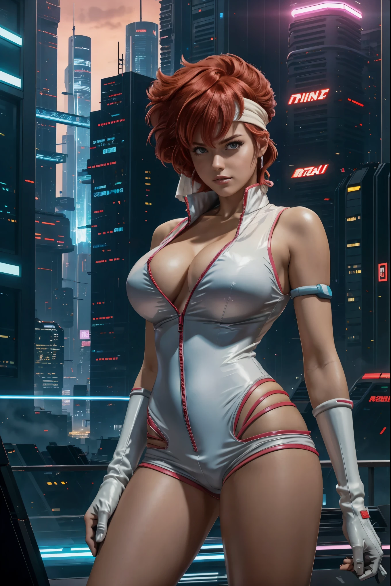 best quality,ultra-detailed,portrait of Kei from The Dirty Pair,realistic,animesque, vibrant colors,bold and dynamic pose,powerful expression,beautiful detailed eyes,intense,sharp focus,medium:anime style,short red hair,wearing her signature white jumpsuit and pink gloves,holding a laser gun in her hand,standing in front of a futuristic cityscape as the sun sets,featuring neon lights and towering skyscrapers,creating a cyberpunk atmosphere,with a touch of mystery and adventure, green headband, fighting stance, cleavage, short shorts