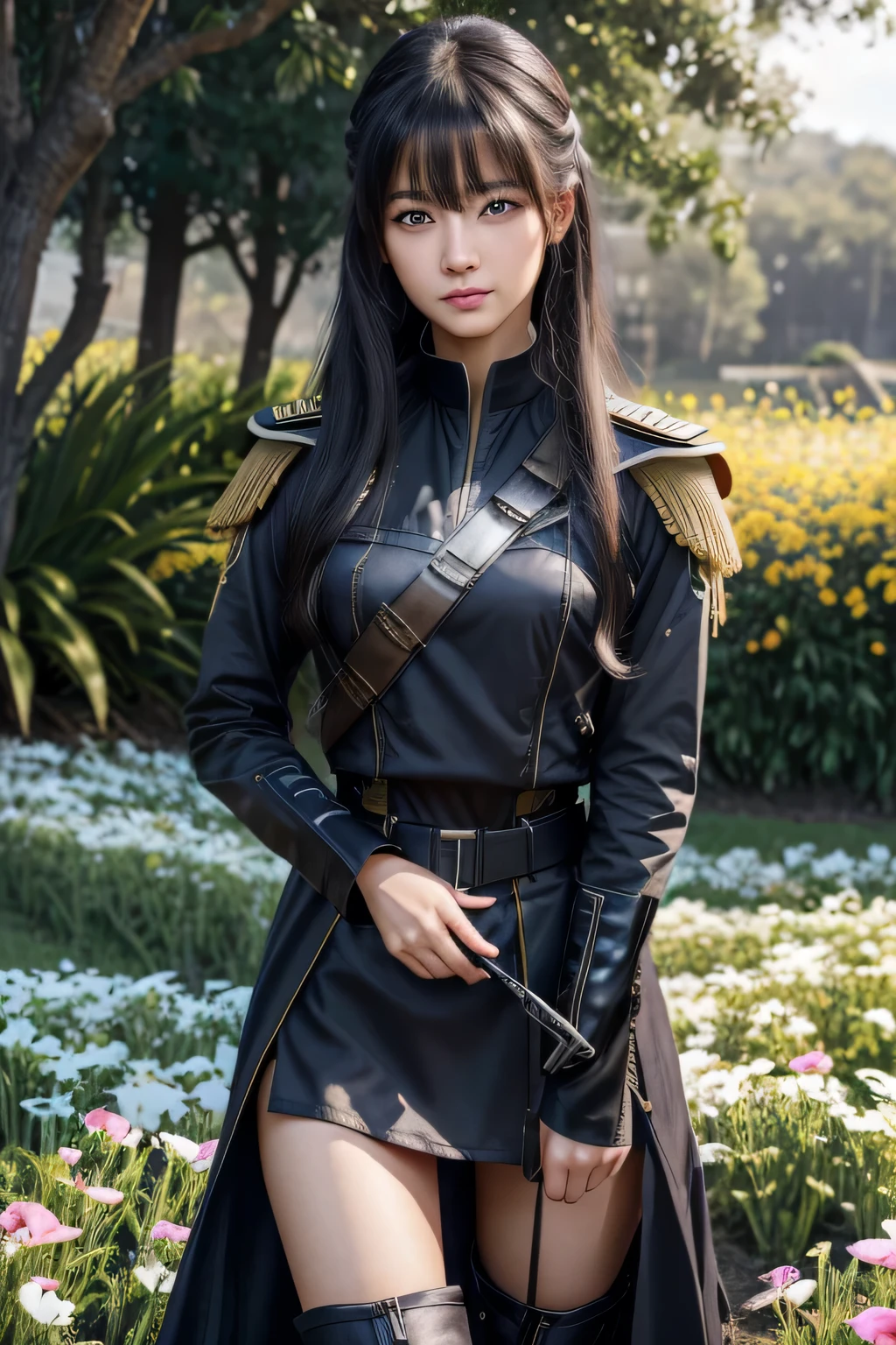 ８ｋ、High resolution、female warrior fashion、beautiful girl、black combat uniform、young、white skin,、narrow eyes,high nose,lighting that illuminates the face、clear image、intellectual beauty、skinny、no makeup、anxious look、lighting that illuminates the face,shining hair、single eyelid,blue eyes、in the flower field、vivid pose