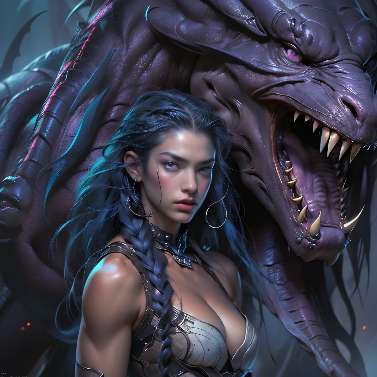 1 female alien, The predator, (extremely beautiful:1.2), (intense gaze:1.4), (predator:1.1), long dark claws, (NSFW:1), nipples, thick eyebrows, (She has shining purple eyes:1.2), the most beautiful face in the universe, blue hair, symmetrical beautiful eyes, hyper detailed eyes,
A woman predator with an extremely beautiful face, her intense gaze fixed on her prey, a primal force that could not be denied.
(beautiful lean body:1.5), (muscular build:1.2), (prowling:1.3), (sleek movements:1.4)
Her beautiful body, muscular and toned, moved with sleek grace as she prowled, ready to strike at a moment's notice. The predator within her was always on,
cinematic drawing of characters, ultra high quality model, cinematic quality, detail up, (Intricate details:1.2), High resolution, High Definition, drawing faithfully, Official art, Unity 8K wall , 8K Portrait, Best Quality, Very High resolution, ultra detailed artistic photography,