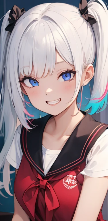 (8K、highest quality、masterpiece:1.2)、Super detailed、super resolution、Realistic、1girl、(two-color hair, white:1.5)、twintails,blue eyes、(eye focus:1.3,face focus:1.3,upper body:1.5),(gradient hair:1.5),(blouse:1.3)、(grin:1.3),cute face,small breasts,portrait,school girl,
