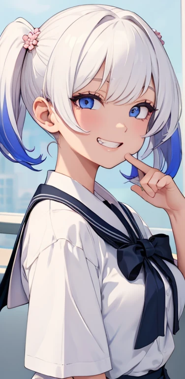 (8K、highest quality、masterpiece:1.2)、Super detailed、super resolution、Realistic、1girl、(two-color hair, white:1.5)、twintails,blue eyes、(eye focus:1.3,face focus:1.3,upper body:1.5),(gradient hair:1.5),(blouse:1.3)、(grin:1.3),cute face,small breasts,portrait,school girl,
