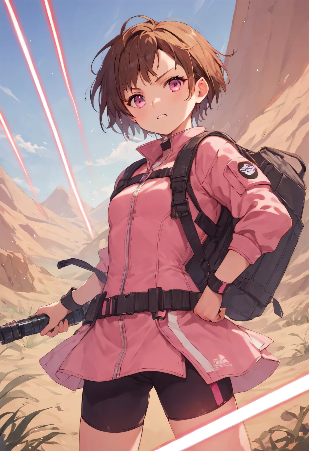 score_9, score_8_superior, score_7_superior, score_6_superior, score_5_superior, score_4_superior, sauce_anime,1 Girl Break, alone, brown hair, short hair, pink eyes, pink bodysuit, bike shorts, hip vent, tactical clothing, lightsaber, outdoors, desert 