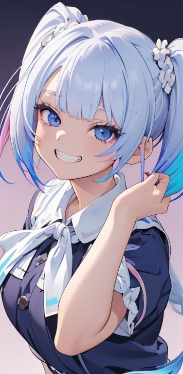 (8K、highest quality、masterpiece:1.2)、Super detailed、super resolution、Realistic、1girl、(two-color hair, white:1.5)、twintails,blue eyes、(eye focus:1.3,face focus:1.3,upper body:1.5),(gradient hair:1.5),(blouse:1.3)、(grin:1.3),cute face,small breasts,portrait,school girl,
