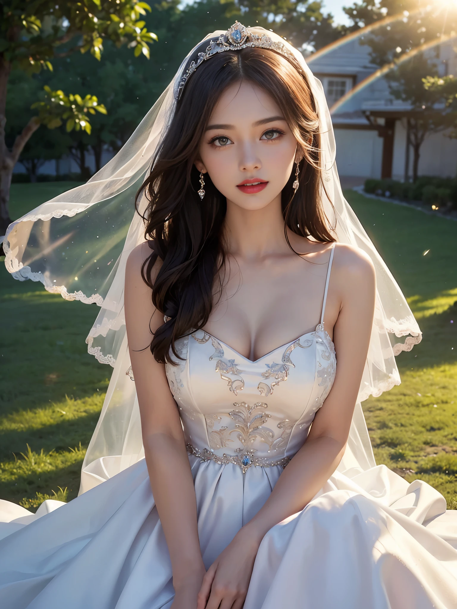 best quality, masterpiece, only 1 girl, huge laugh, Very pretty, beautiful eyes, thin collarbone, red lips, make her sit, cute , sweet, sun glare, Conservative attire, wedding dress, bridal tiara, bridal veil, depth of field, blurred background, light particles, strong wind, rainbow color, head tilt, long hair,