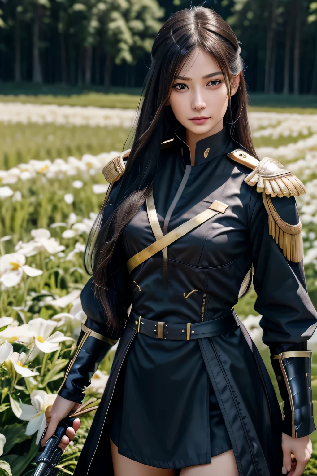 ８ｋ、High resolution、female warrior fashion、beautiful girl、black combat uniform、young、white skin,、narrow eyes,high nose,lighting that illuminates the face、clear image、intellectual beauty、skinny、no makeup、anxious look、lighting that illuminates the face,shining hair、single eyelid,blue eyes、in the flower field、vivid pose