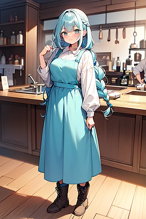 ((highest quality)), ((masterpiece)), (be familiar with), perfect face, one girl、15 years old、big 、small face、long hair、silky hair、foreign style braids、pastel blue hair、Full body figure、standing position、khaki、Work clothes、Jumpsuit、work apron、safety boots、（background white）、（no background）、
