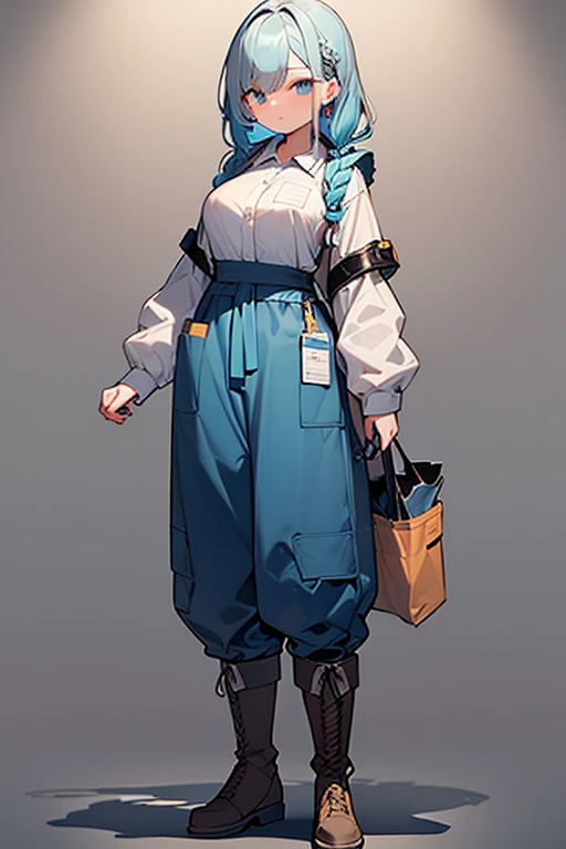 ((highest quality)), ((masterpiece)), (be familiar with), perfect face, one girl、、big breasts、small face、long hair、silky hair、foreign style braids、pastel blue hair、Full body figure、standing position、khaki、Work clothes、Jumpsuit、work apron、safety boots、（background white）、（no background）、