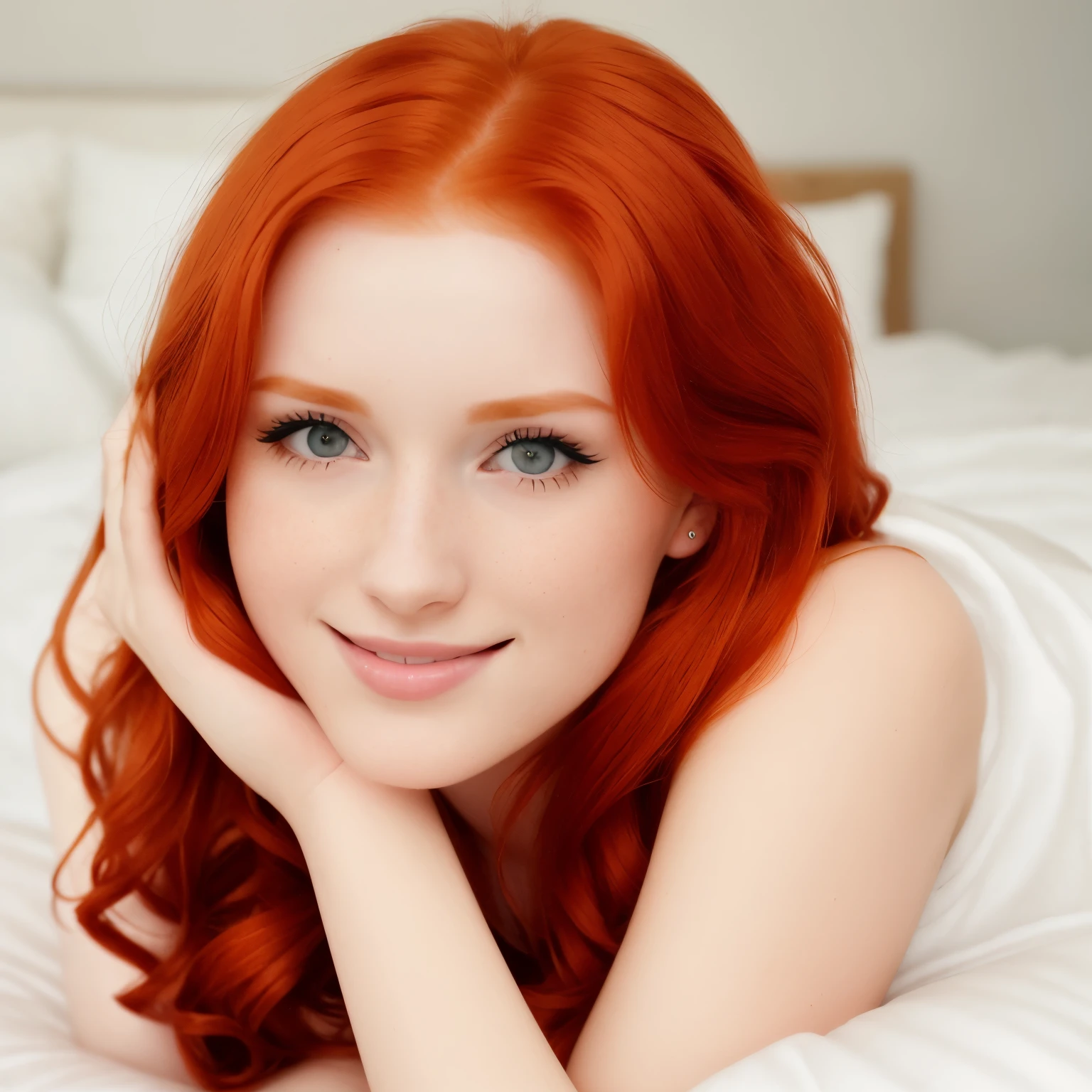 there is a woman laying on a bed with her hand on her chin, redhead woman, beautiful redhead woman, a redheaded young woman, redhead girl, red haired young woman, red hair and attractive features, cute young redhead girl, woman with red hair, soft flawless pale skin, smooth red skin, natural soft pale skin, freckled pale skin