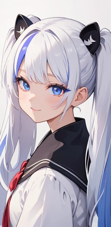 (8K、highest quality、masterpiece:1.2)、Super detailed、super resolution、Realistic、1girl、(two-color hair, white:1.5)、twintails,blue eyes、(eye focus:1.3,face focus:1.3,upper body:1.5),(gradient hair:1.5),(blouse:1.3)、(happy:1.3),cute face,small breasts,portrait,school girl,