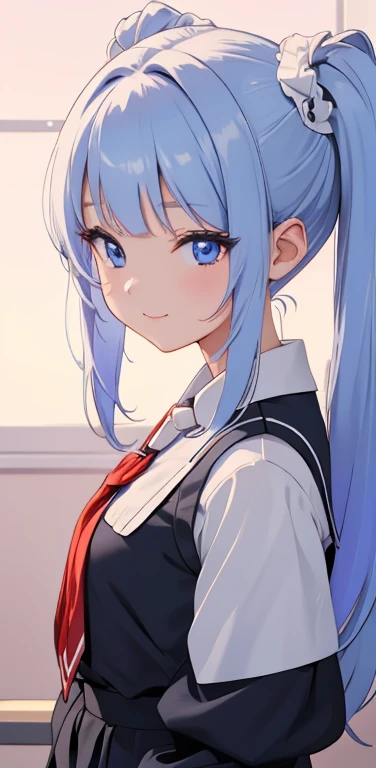 1girl,  shoulder-length hair,  light blue hair, school uniform, smiling, happy,  blush face, glowing, sidelighting, wallpaper