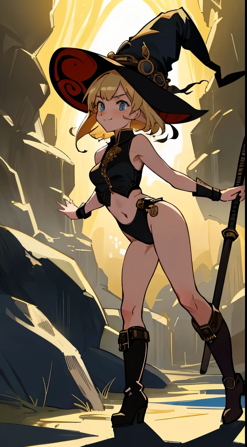 steampunkai。highest quality。masterpiece。detailed details。illustration of Virginia Otis blonde hair blue eyes youngest cute face, from the Canterville Ghost, furtively observing a group of followers of the Goddess Freia who are celebrating a forbidden ritual inside a mysterious cave. We are sure that only a talented artist like you will be able to capture the essence of this magical and mysterious encounter. Your drawing will be fundamental for the creation of a unique publication, which combines the gothic atmosphere and the charm of the supernatural. Remember to add evocative details, such as candle flames dancing in the dark, shadows moving ominously along the rock walls, and Virgin Otis' claws clinging to the stone. Highlight the aura of mystery and emotion that this forbidden encounter evokes.。little cute girl。1girl, medium breasts, leotard, black leotard with red accents, sleeveless, midriff, bare legs, boots, matching boots, bracelets, mars backdrop, solo, single, standing, full body shot, cowboy shot, beautiful detailed eyes, blonde hair, medium hair, superhero, barbarian, using broad sword in handsteampunk witch。witch hat。witch's clothes。long light brown fluffy hair。smile。carry a big broom。Running on the road。The background is a forest with bright light shining through.。